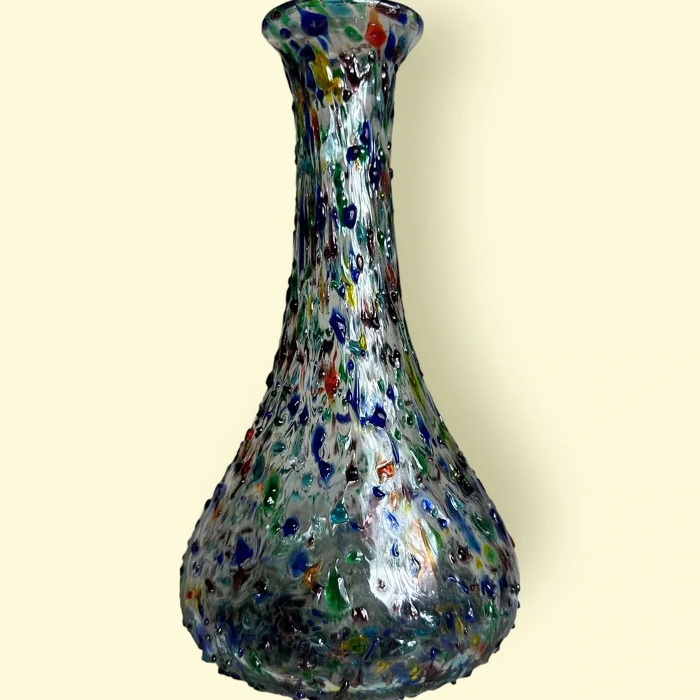 Clear And Colorful Hand Blown Slim Neck Confetti Glass Vase Home Decor 10” Tall
